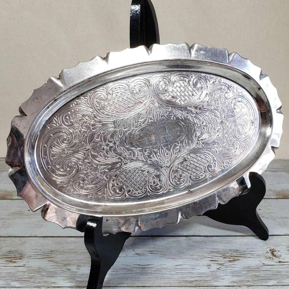 Vanity Tray Small Oval Silver Plated Copper Chased Floral Scroll Design 9.5”